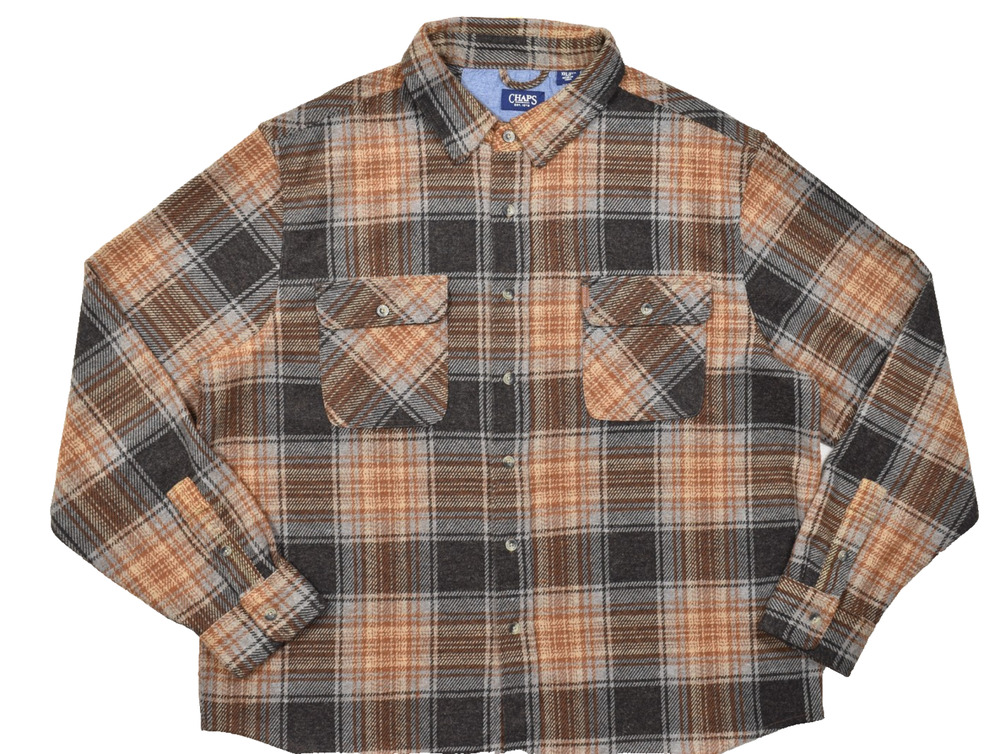 Chaps Mens XXL Brown Grey Plaid Flannel Button Down Shirt Long Sleeve Polyester